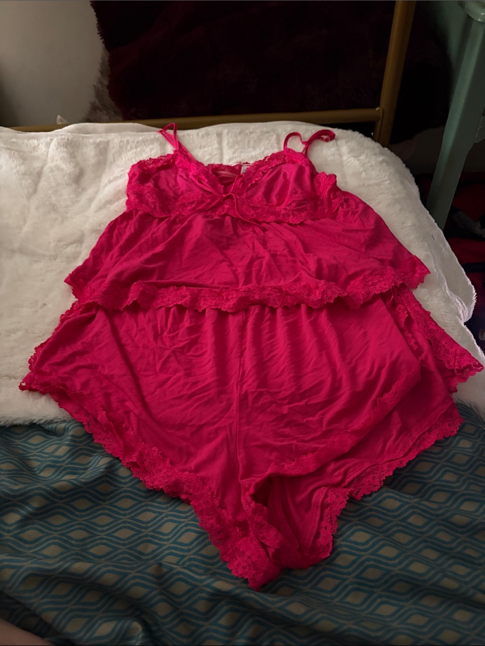 Victoria's Secret Bright Hot Pink Lace-Trim Camisole & Shorts Set